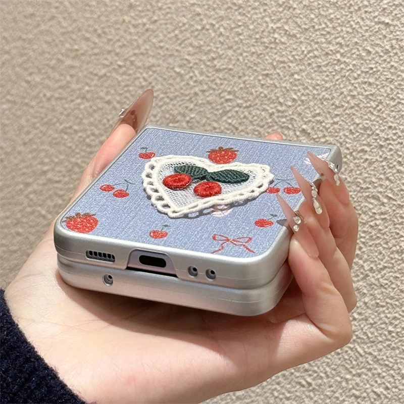Korean Cute Cherry Phone Case For Samsung Z Flip 6 5 4 3 Cover with Chain Kawaii Protective Cases For Galaxy Z Flip4 Flip5 5G