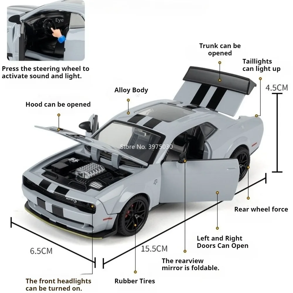 1:32 Dodge Challenger SRT Hellcat Cars Alloy Models Diecast Toys 4 Doors Opened Miniature Car Light Sound Vehicle Festival Gifts