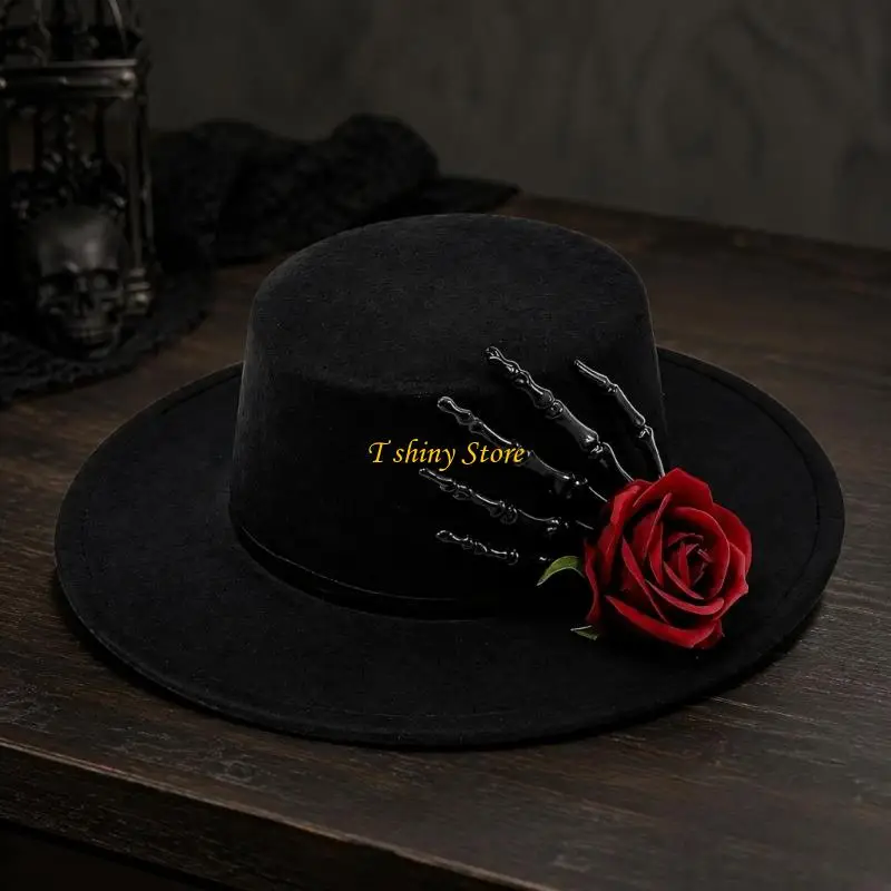 N58F Rose Flower Costume Hat with Black Skeleton Hand For Halloween Celebration