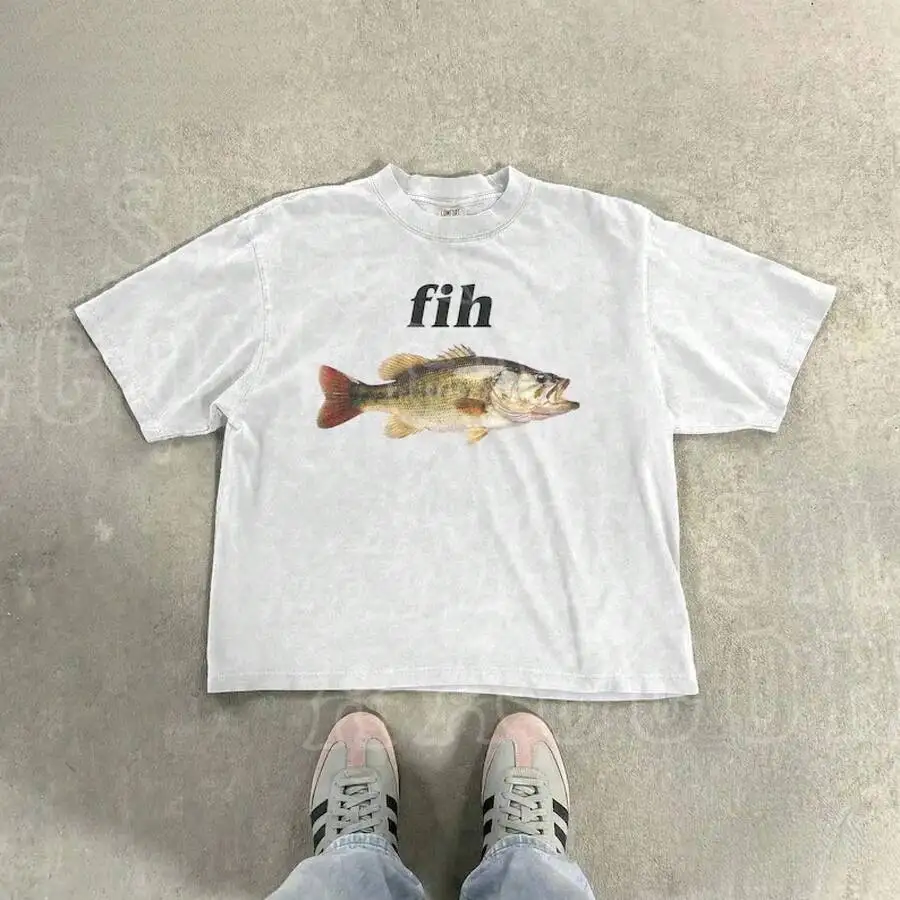 Fih Funny Bass Fish Shirt Ironic Misspelled Fishing Graphic Tee Y2K Cursed Vintage Meme Fisherman Gift Unisex Top For Men Women