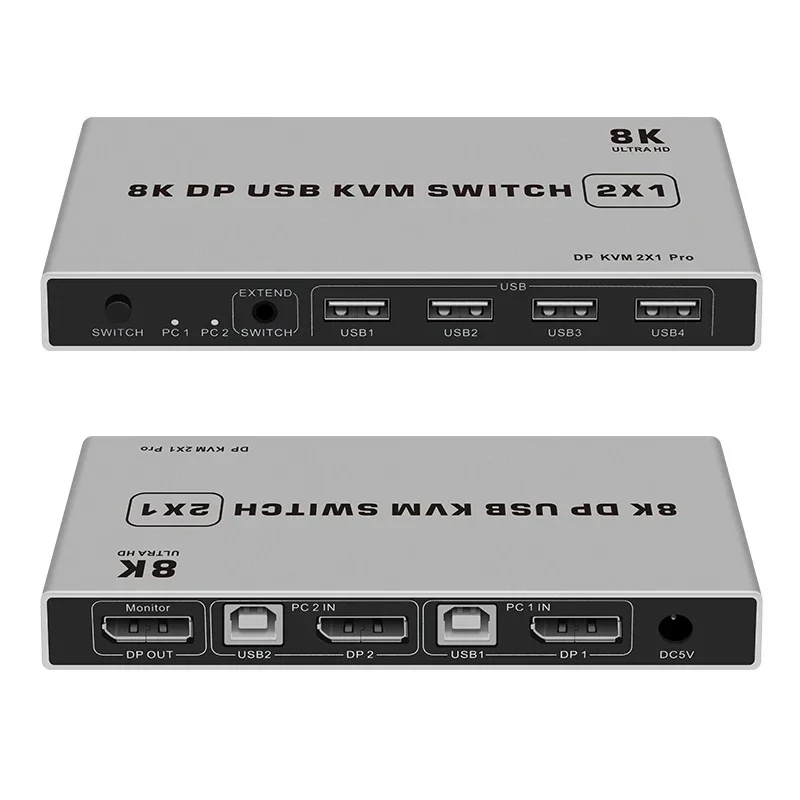 8K 60Hz Displayport KVM Switch 2x1 DP 1.4 USB Switcher 2 in 1 out for 2 PC Share Monitor Mouse Keyboard with Desktop Controller