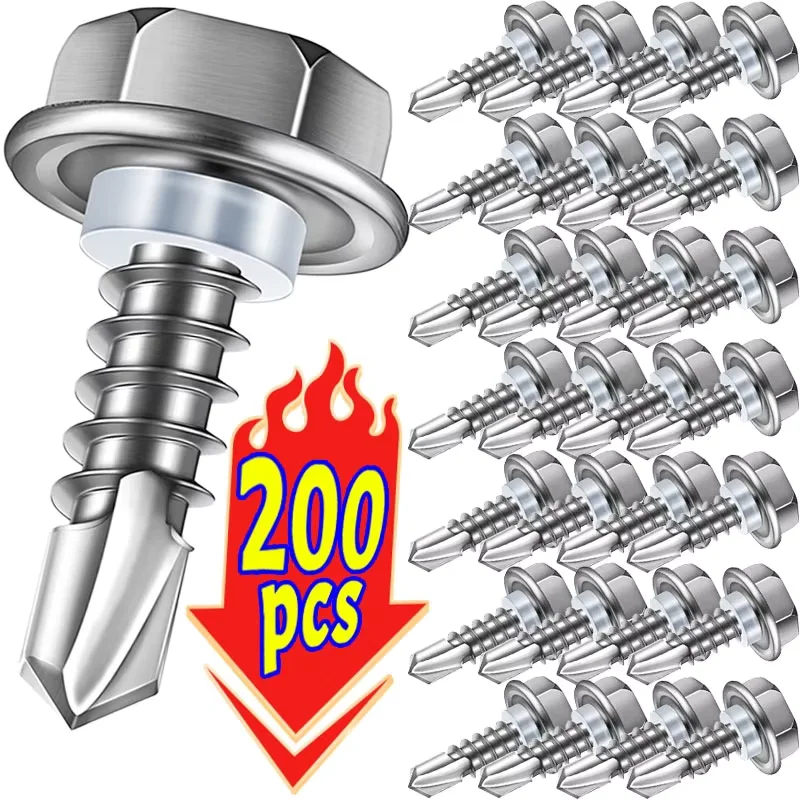 200PCS 410 Stainless Steel Self Tapping Screws Hex Head Rust Resistant Corrosion Resistant FastenersEquipment Hardware Supplies