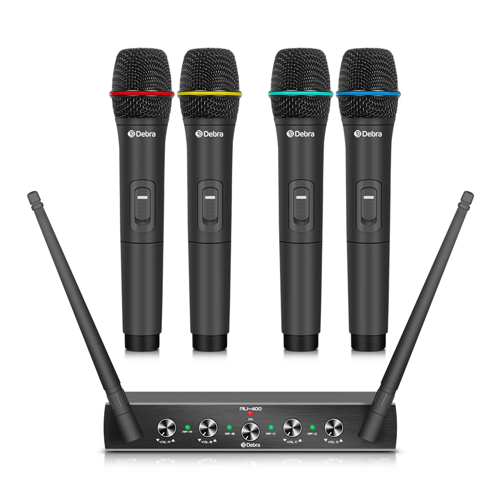 نظام Debra AU-400 اللاسلكي 4-Mic - UHF 500-580 ميجا هرتز، إشارة ثابتة 100 متر للكاريوكي والكنيسة والعروض الحية