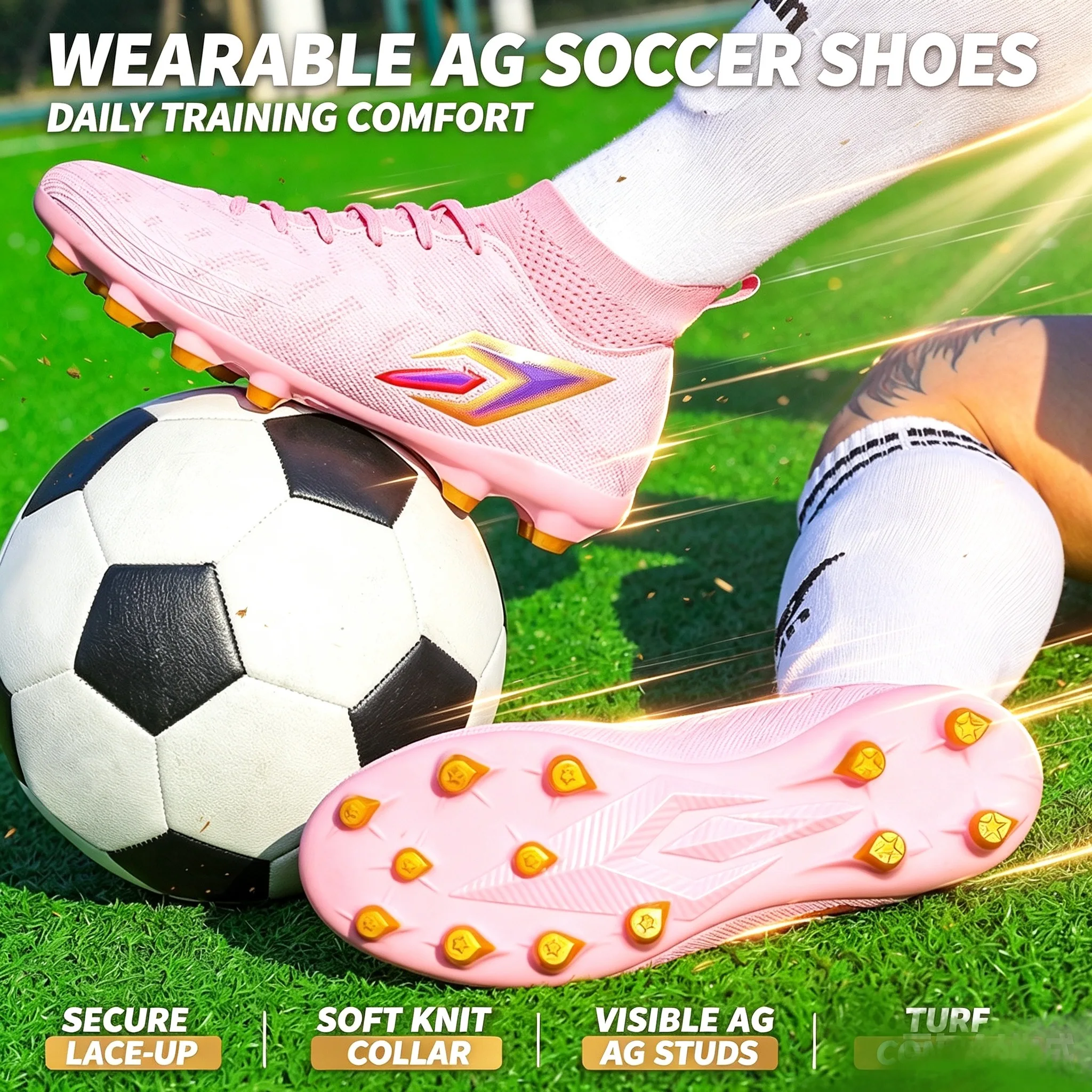Men Youth High Top AG Firm Ground Soccer Cleats, Knitted Sock Collar Design, Durable Anti‑Slip AG Studs, Breathable Football Boo