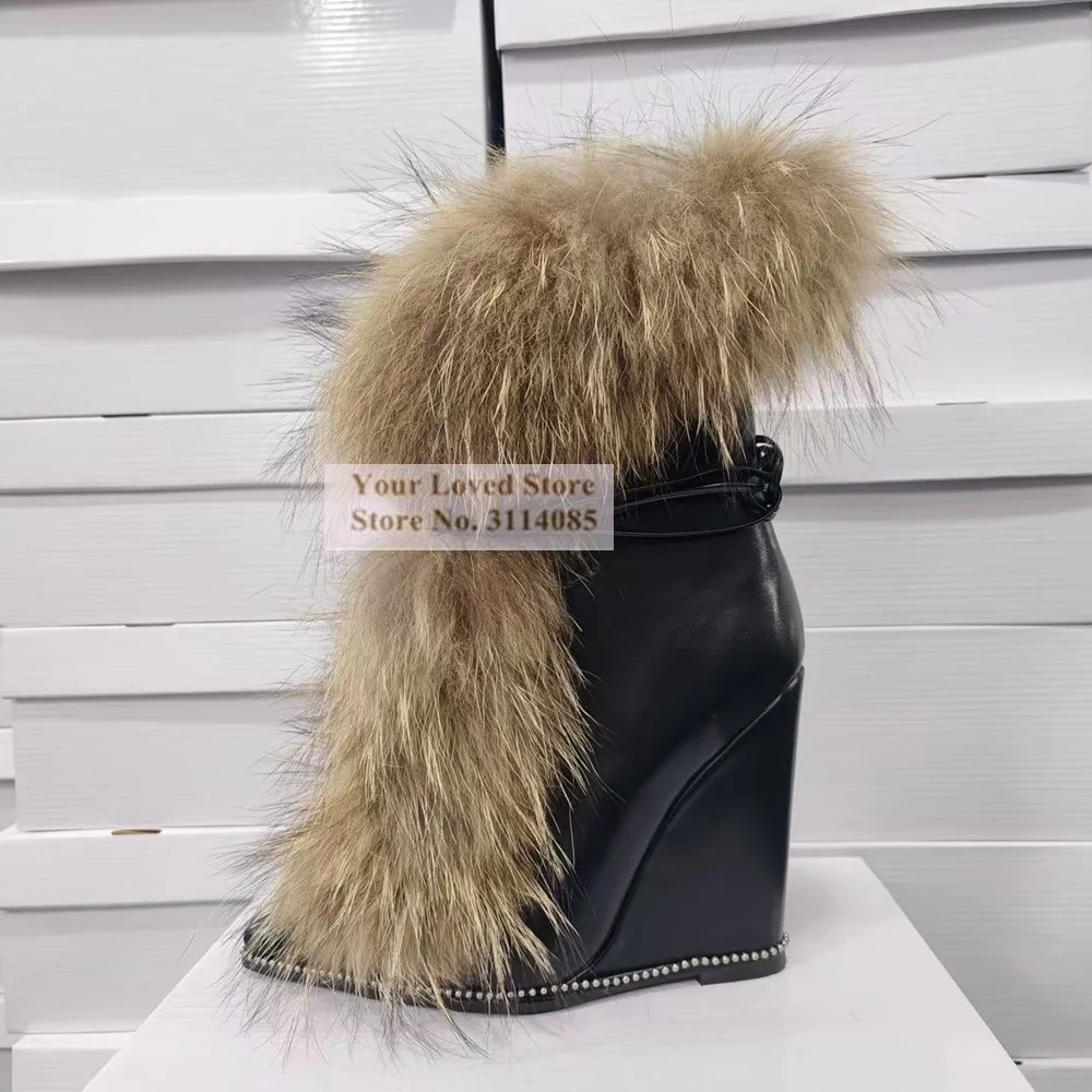 2025 Prawdziwe futro na koturnie Buty za kostkę Puszyste pluszowe futrzane buty śnieżne Białe czarne matowe skórzane sznurowane buty outdoorowe Prawdziwe zdjęcie