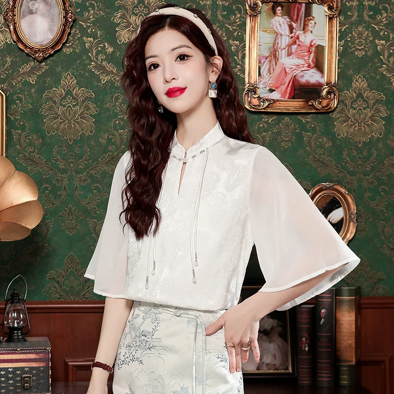 Summer Fashion New Stand Collar Women Blouse Chinese Style Chiffon Blouse Shirt Women Tops Blusas Mujer De Moda 2024 Verano K196