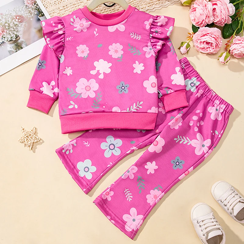 

Girls Clothing Sets Fall Streetwear Flying Sleeve O Neck Flower Print Sweatshirt and Flared Pants Children Kids Clothes Set