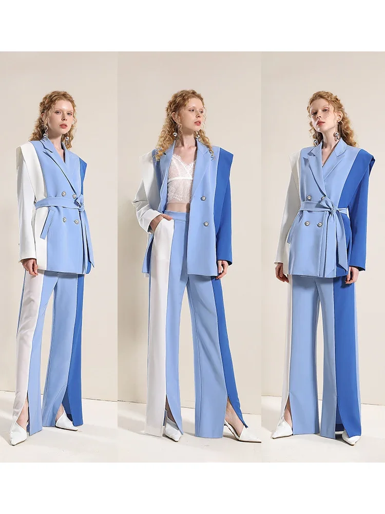 Women\'s Blue and White Blazer Suit Elegant Jacket Autumn New High Quality Business Top and Trousers Womens Two Peice Sets