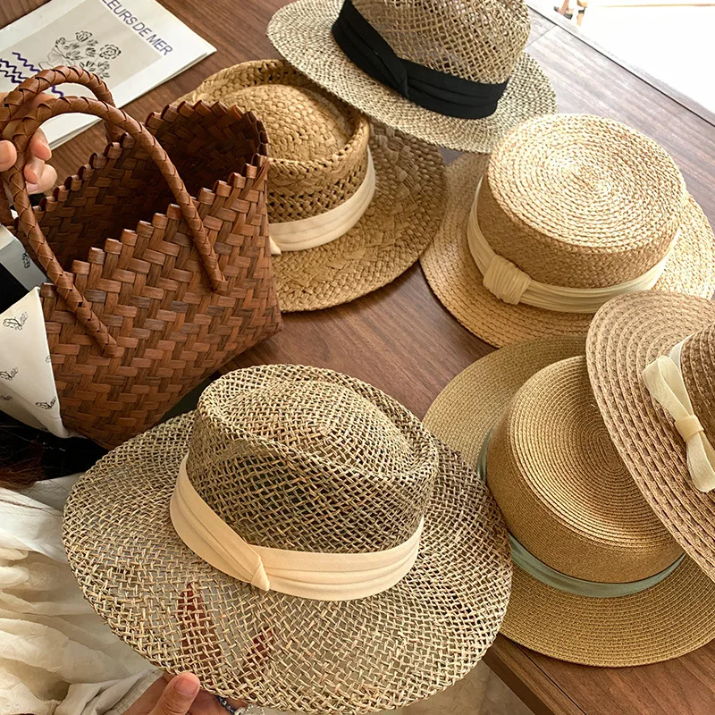 Womens Summer Breathable Hollow Out Woven Straw Hat Wide Brim Flat Top Uv Protection Sun Hat Multiple Ribbon Styles For Beach