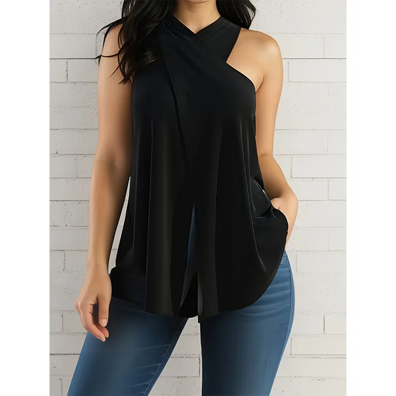 

Plus-size European and American-style cross-over strapless top with a flared hem, loose-fitting and slimming casual vest