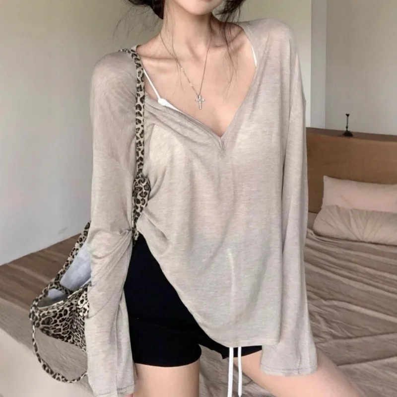 Fashion Thin Loose Long Sleeved T-shirt Women Summer Loose Casual Base Sun Protection Cover Up Top Women Clothing