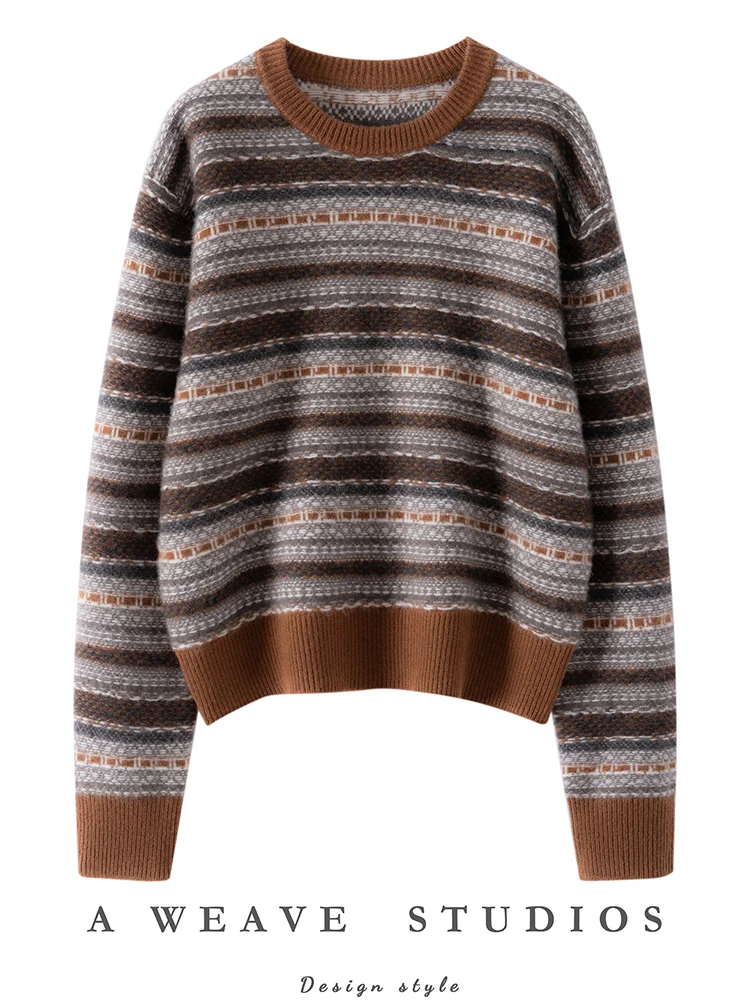 

100% Cashmere Sweater Women Round Neck Jacquard Pullover Autumn Winter Thick Vintage Fair Isle Knitwear Contrasting Clothing Top