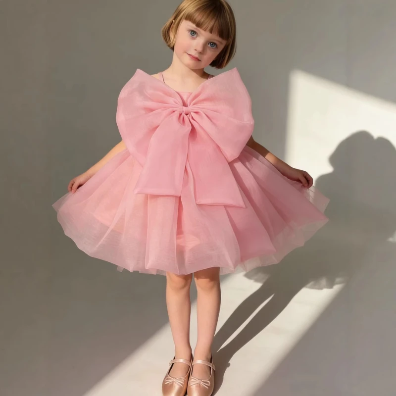 2026 Summer Kids Formal Dress Vestido Children Girls Tutu Pink Performance First Birthday Party Princess Gown Pageant Costume