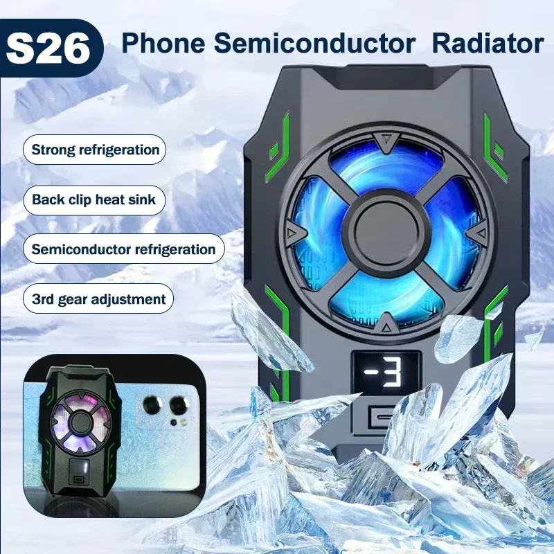 

S26 Mobile Phone Semiconductor Refrigeration Cooling Fan Radiator 3 Gears Adjustable Game Cooler w/ RGB Colorful for IOS Android