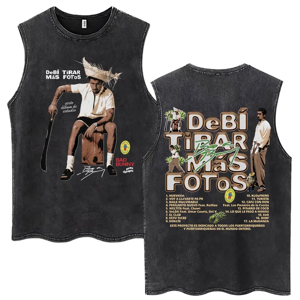 Rapper Bad Bunny Debi Tirar Mas Fotos DTMF Wash Tank Tops Men Women Fashion Hipster Vests Hip Hop Loose Cotton Sleeveless Tshirt