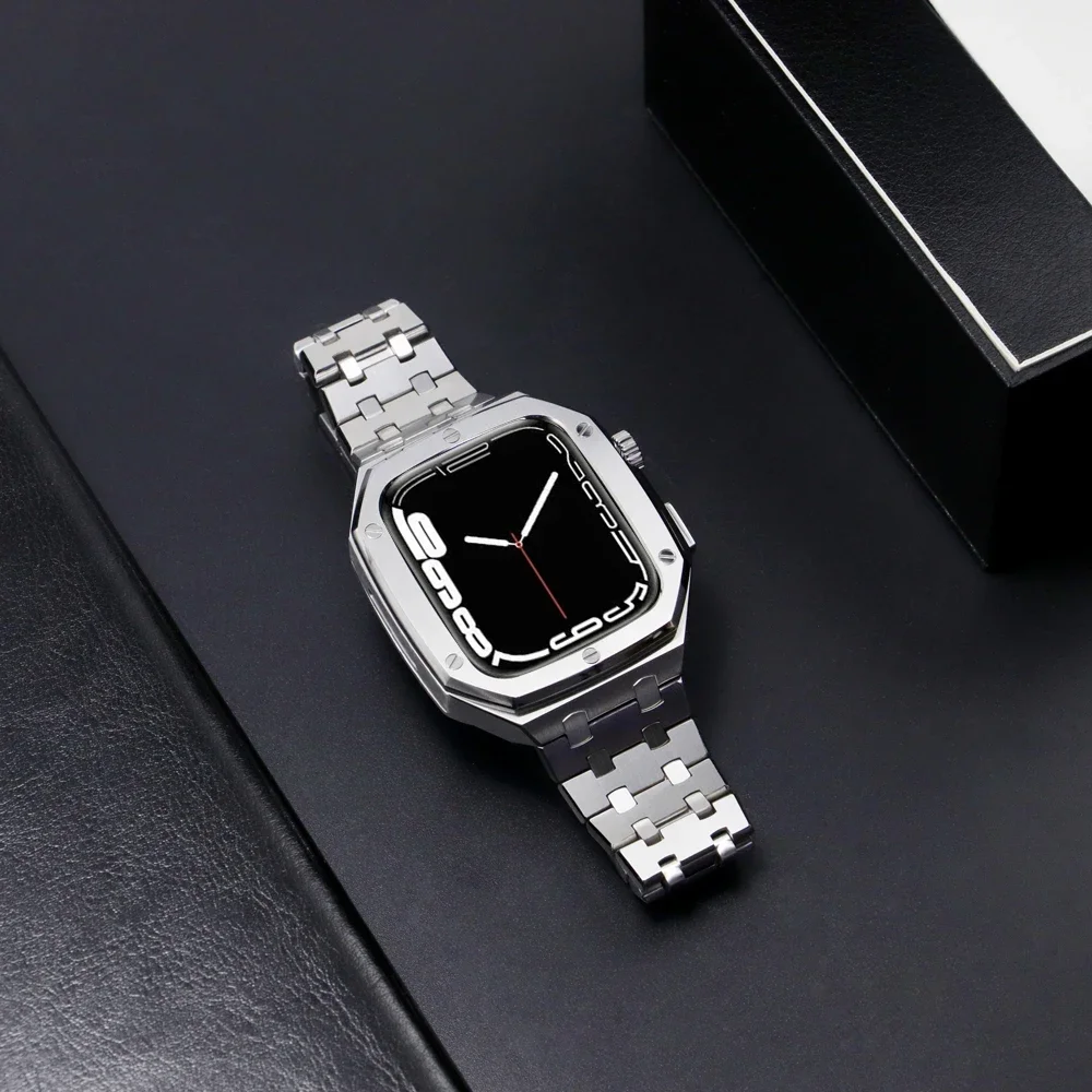 Luxury Modification Kit for Apple Watch Band 44mm 45mm Mod Kit Metal Stainless Steel Case Strap for IWatch Series 9 8 7 6 5 4