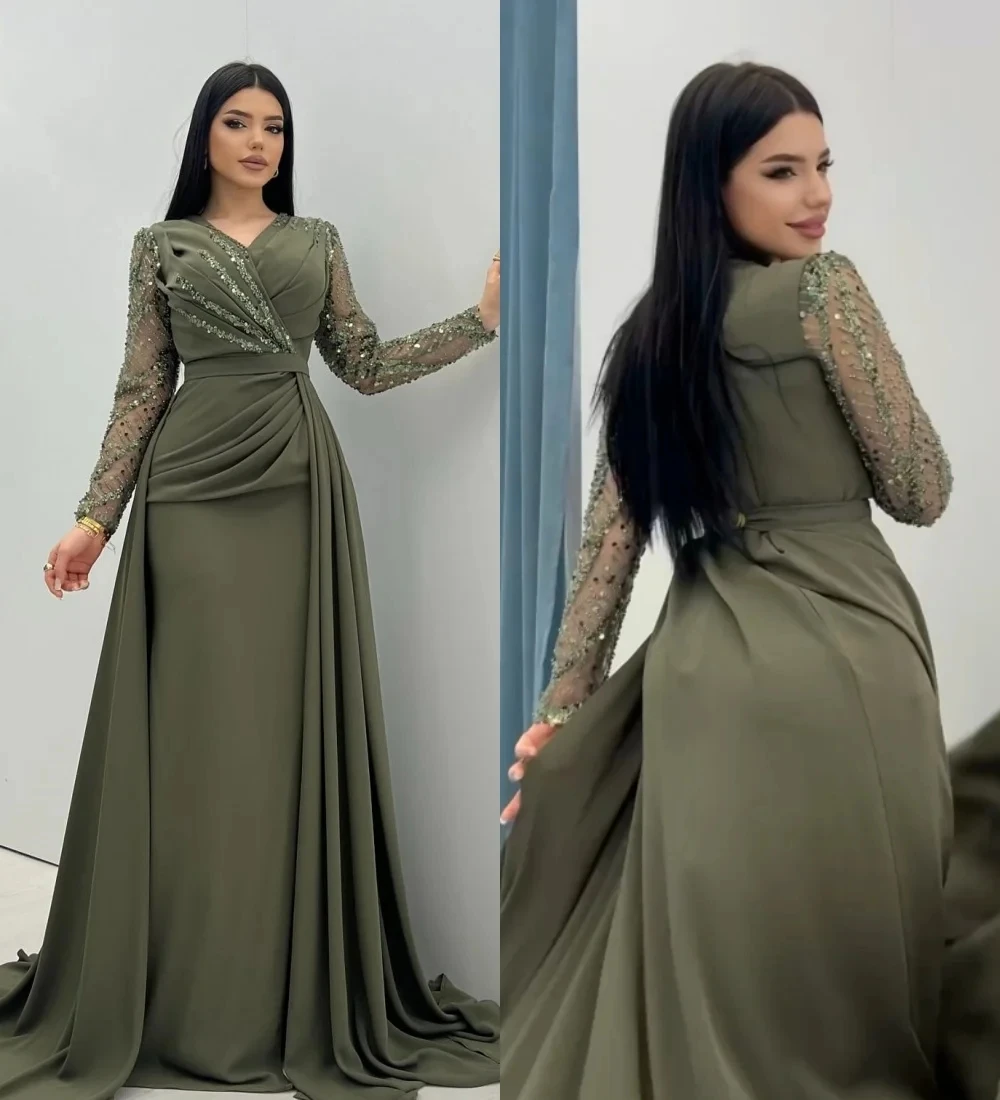 

Customized Evening Gown Long Sleeves Saudi Arabia Exquisite Prom Dresses Luxury Beaded Sequins Party Wear Formal Gowns for Women