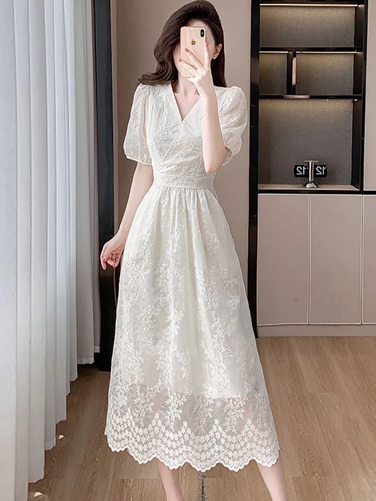 Robe de soirée blanche brodée pour femme, robe longue, tambour élégant, robe de Rhde festival, fête de luxe, coréen, vintage, nouveau, été, 2024