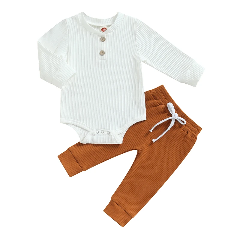 Newbgclo Newborn Baby Boy Girl Clothes Set Ribbed Knit Long Sleeve Romper Solid Color Pants Sets Cotton Fall Winter Outfits