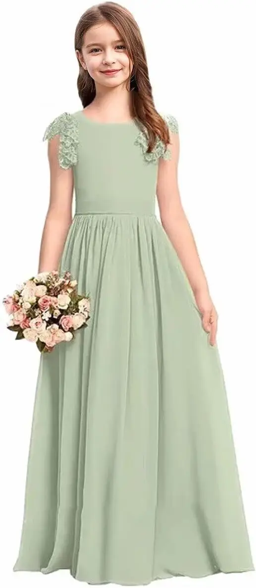 Meisjes A-lijn Chiffon Kant Bloem Junior Bruidsmeisjesjurk Prinses Optocht Baljurk Trouwjurk voor bloemenmeisjes