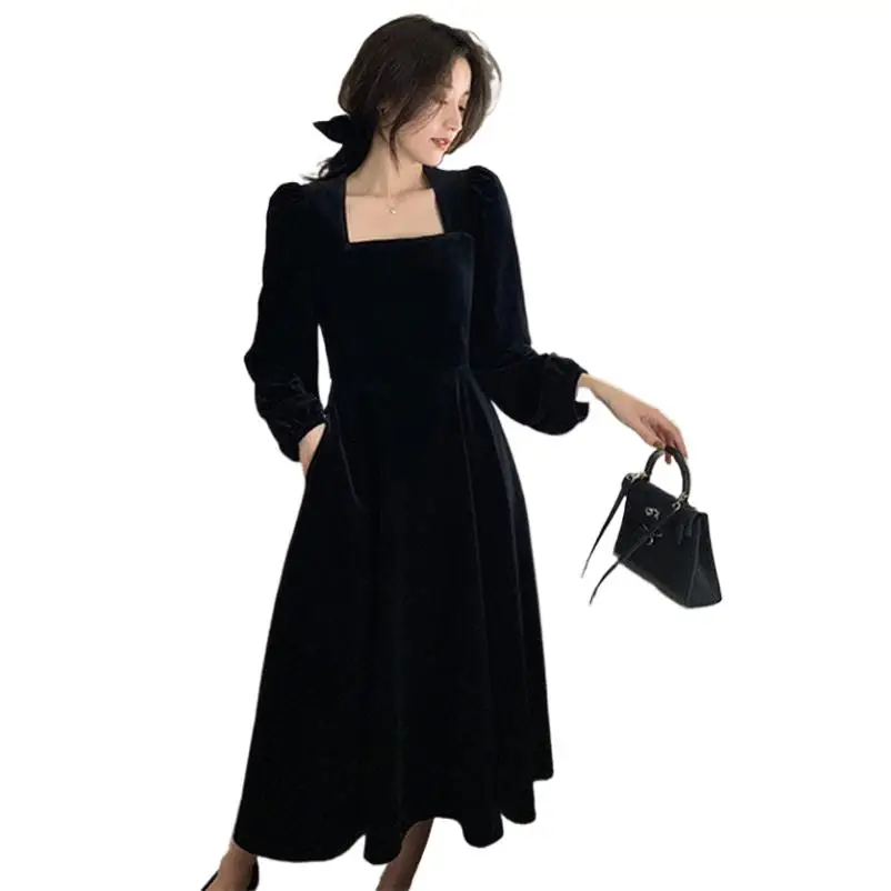 Autumn Women Square Collar Vintage Elegant Dress Winter Velvet A Line Long Dress Female Velour Party Vestidos  S