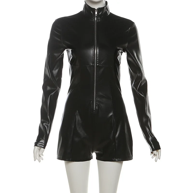 

Кожаный облегающий комбинезон с воротником-стойкой на молнии, женский, с длинными рукавами, шорты, модная женская одежда, уличный стиль