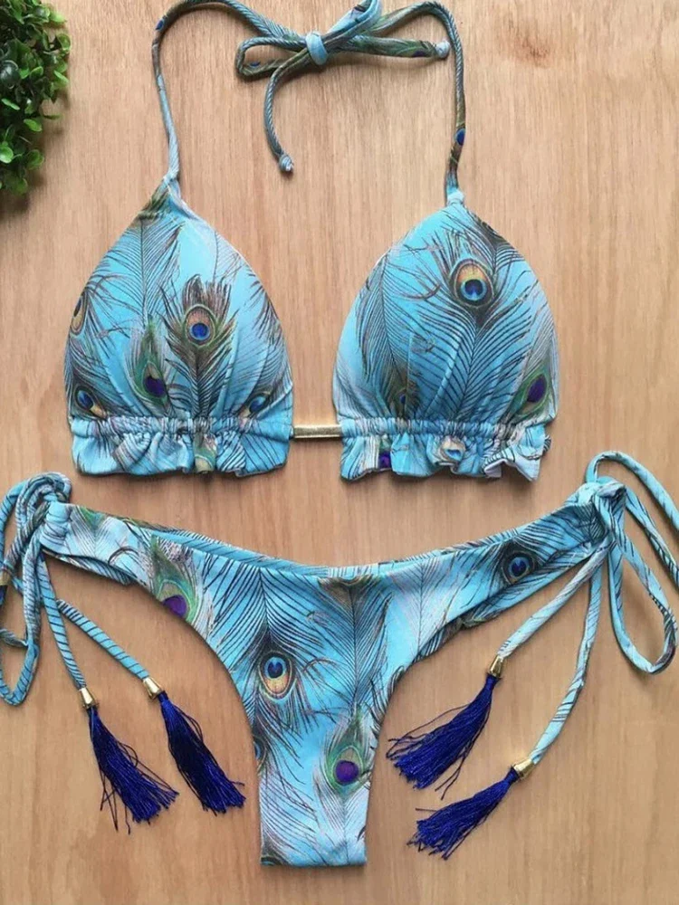 Conjunto de microbikinis sexys para mujer, traje de baño con estampado de plumas, traje de baño femenino, bikinis brasileños 2024