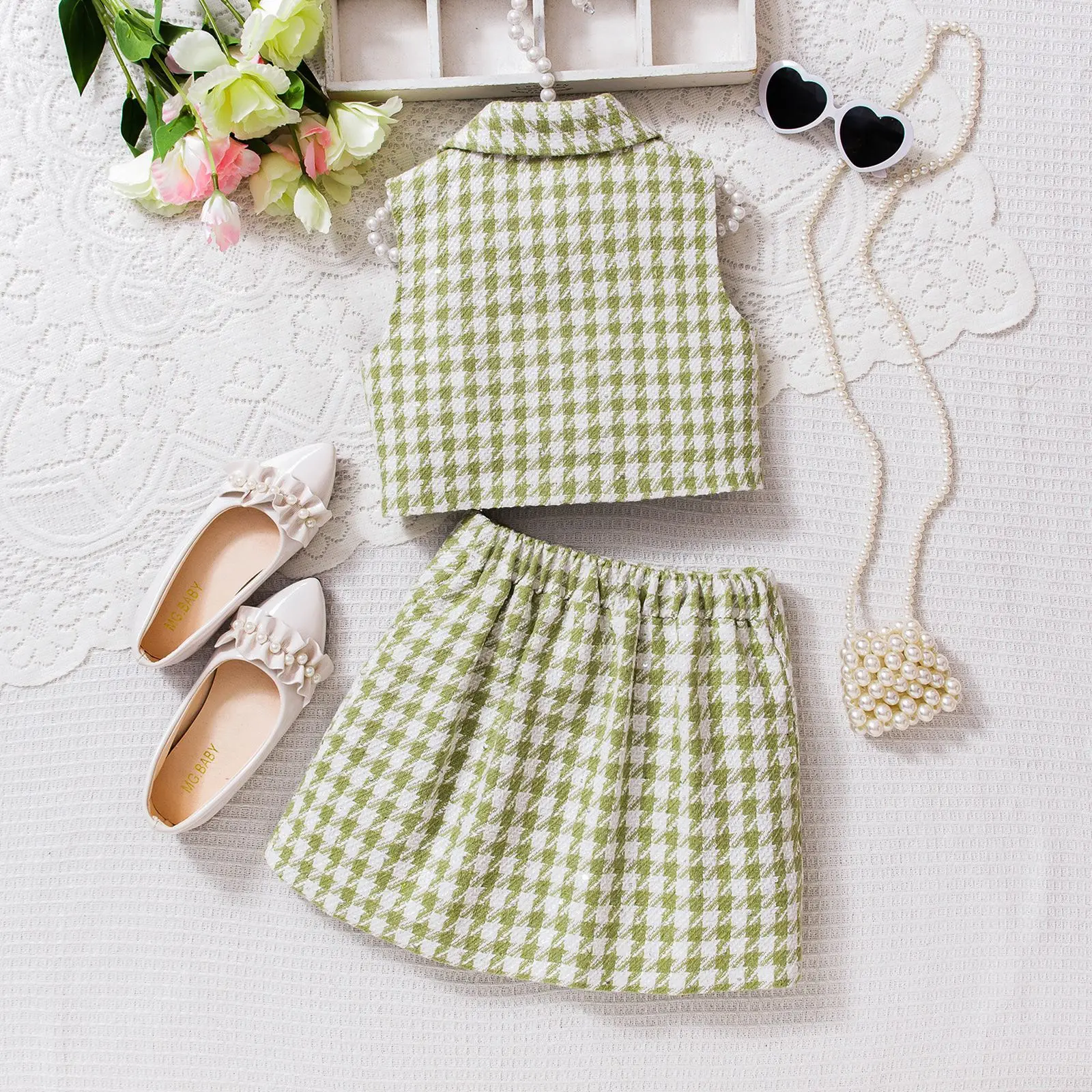 Summer Girl Clothes Set Houndstooth Plaid Sleeveless Jacket Vest Crop Top Bow Skirt Suits Toddler Preppy Boutique Kids Outfits