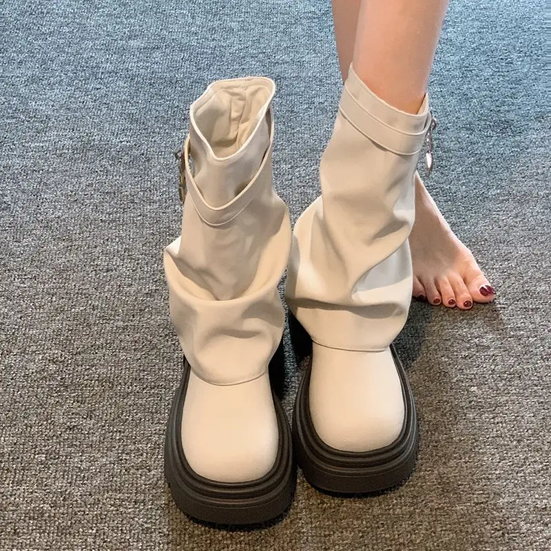 

Platform Leather Round Toe Women's Half High Boots Spring Autumn Trend 2025 Designer Luxury Ladies Mid Calf Shoes on Promotion