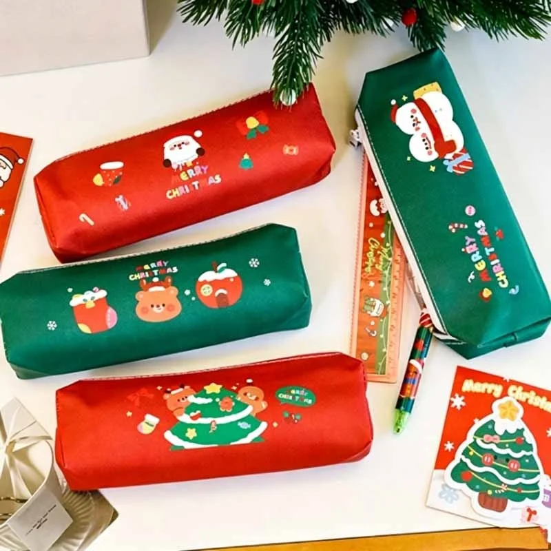 24個入り-セット-かわいいクリスマス柄のサンタクロース、トナカイ、雪だるまのペンケース。おしゃれなペンボックス、文房具、筆入れ、学校文具。