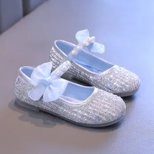 Princess Shoes Girls Spring and Summer Shining Glass Shoes 2024 New Soft Soled Small Shoes for Children Girls