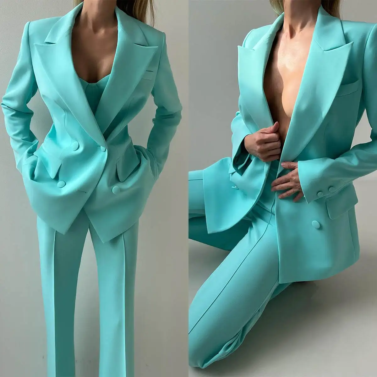 Lake Blue Women Pants Suits Slim Fit Blazer Jacket Prom Evening Guest Formal Wear Custom Made Satin 3 Pieces