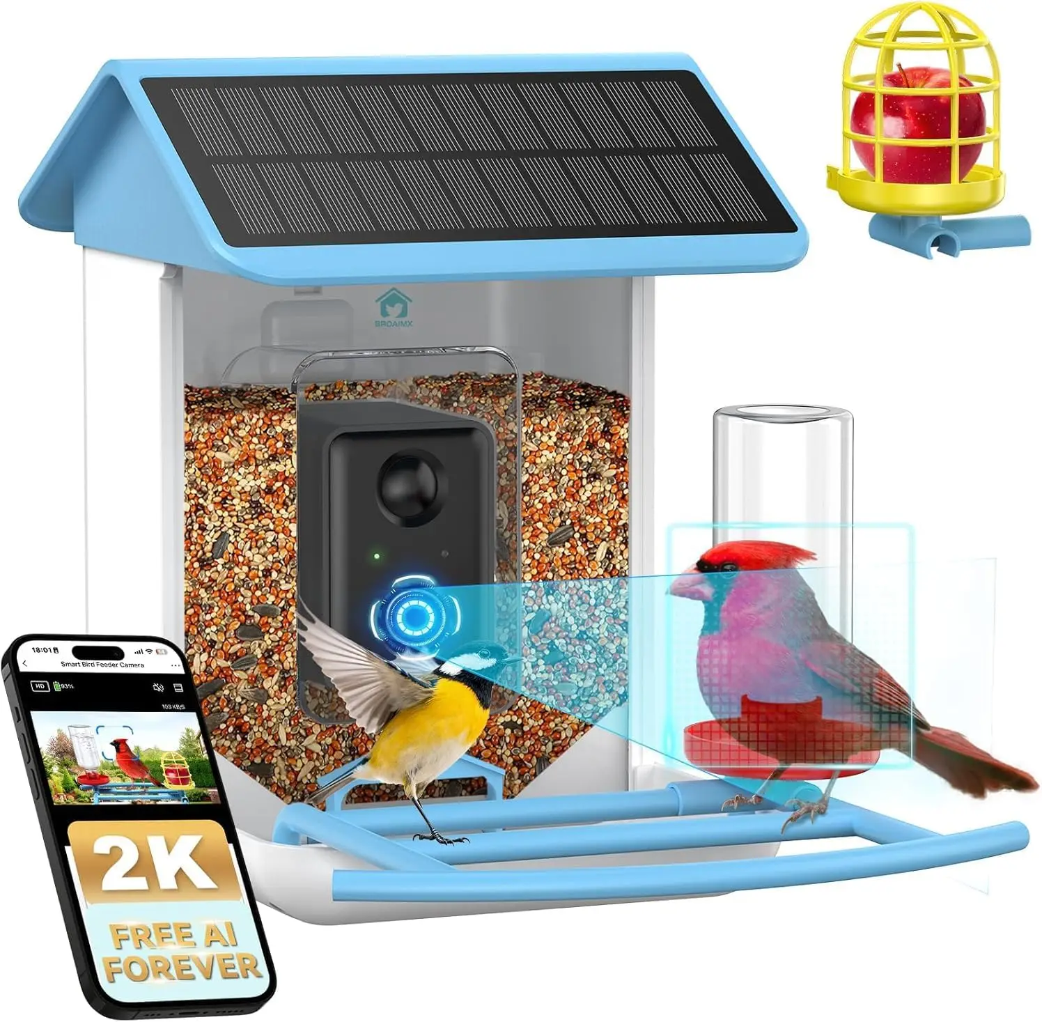 Bird Feeder Camera with AI Recognition, 2K HD Night Vision, Solar Powered, 64GB Card Included