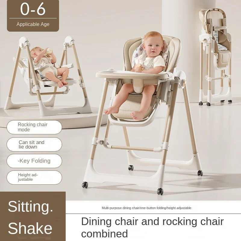 Baby High Chair & Toddler Chair 2-in-1 Multi-Functional Foldable Home Baby Feeding Chair with Reclining Seat, Cushion and Wheels