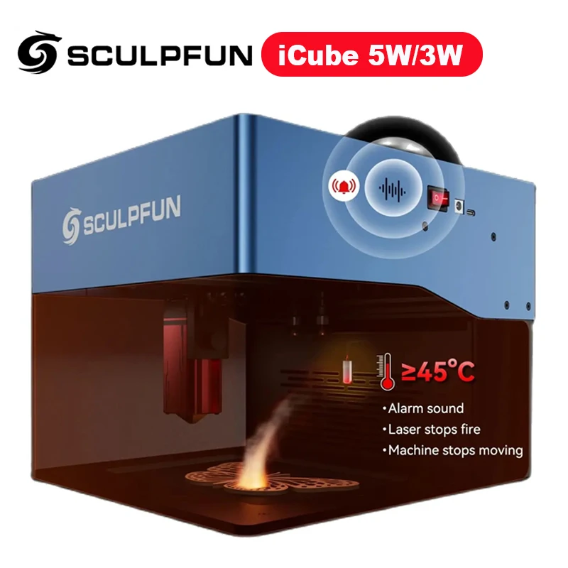 sculpfun maquina gravadora a laser pro icube filtro de fumaca temperatura 130x130 mm area support bt tipo c gravacao em madeira 5w 3w 01