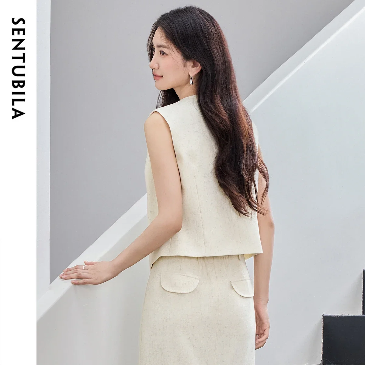 Sentubila mistura de linho feminino colete escritório senhoras elegante decote em v único breasted sem mangas colete 2025 roupas femininas 152ja1922