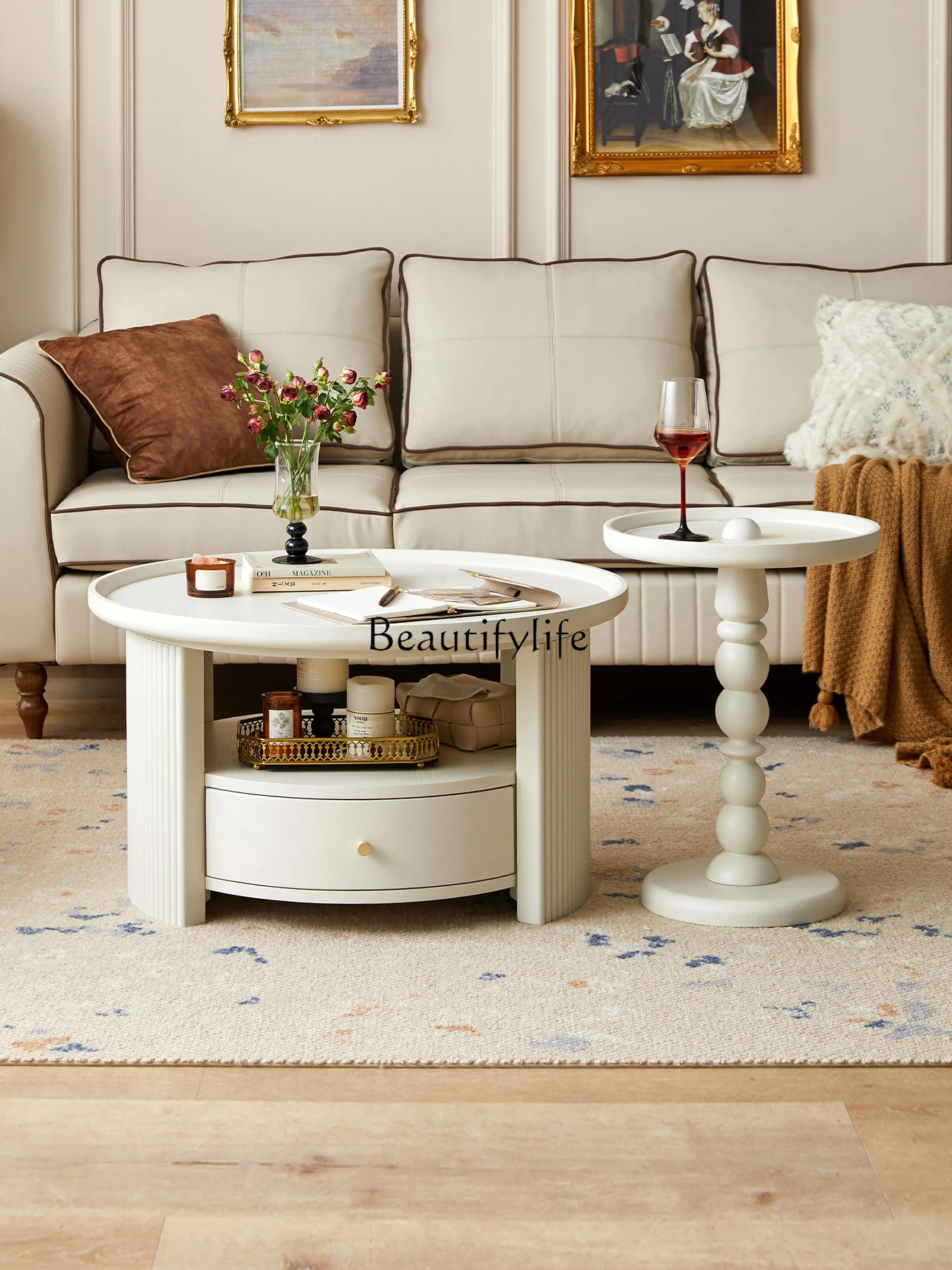 

yj57 French retro solid wood coffee table combination cream style living room coffee table simple