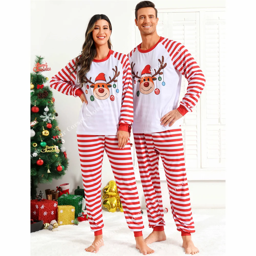 Pyjamas for Couples Christmas Sleepwear Long Sleeve Family Xmas Clothes Nightwear for Men And Women Red Plaid Pajama Pants XXl