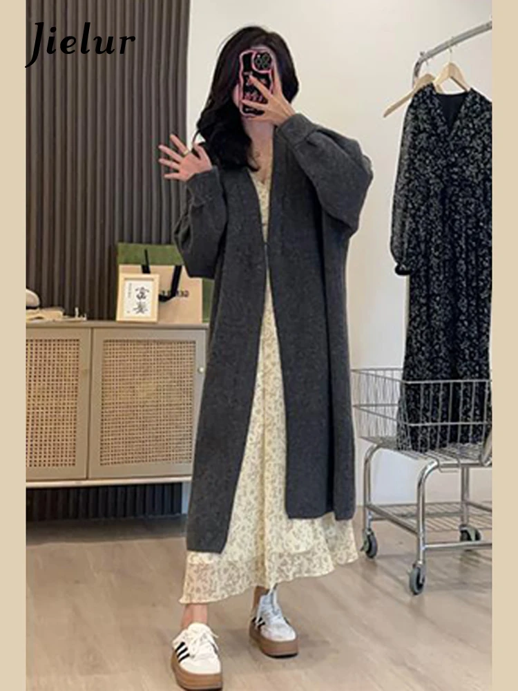 Jielur Autumn Vintage Knitted Women Cardigan Sweet Ladies Elegant Cardigan Woman Black Grey Mocha Oatmeal Casual Loose Sweaters