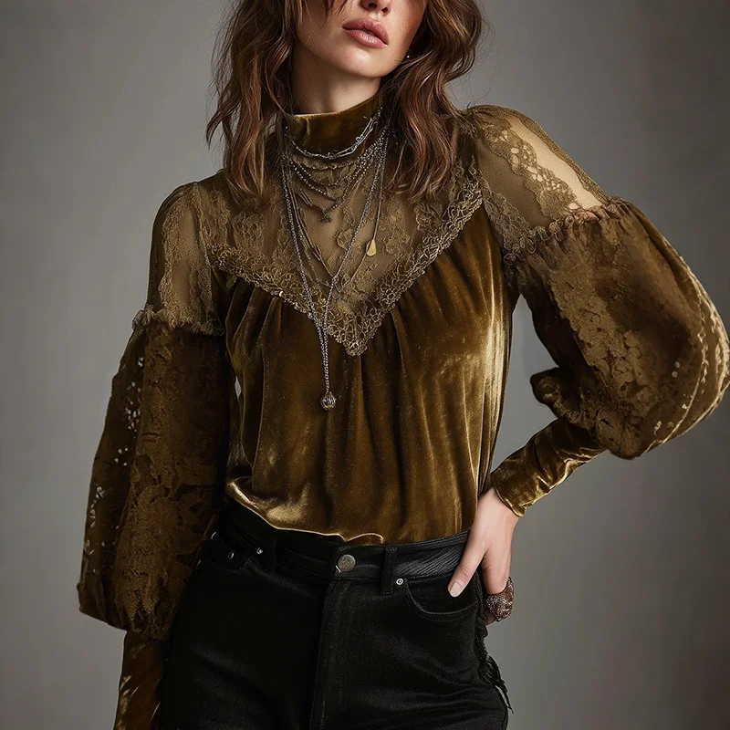 

Chic Long-sleeved Velvet Shirt for Women 2025 Autumn New Fashionable and Versatile Top Blouses for Women Sexy Mesh Lady Tops