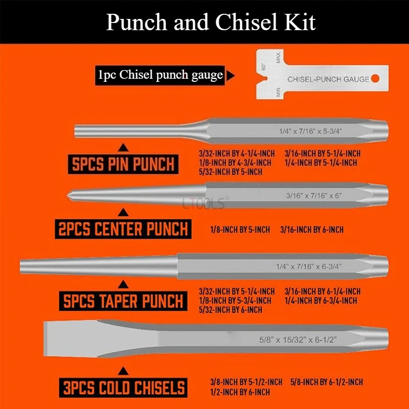 16pcs Punch and Chisel Set Taper Punch Pin Punch Cold Chisel Gauge CR-V Chisel Bits Portable Hexagonal Shank Fitter Tool Kit