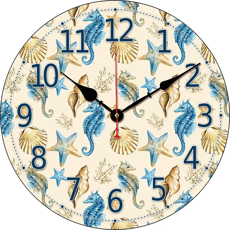 Reloj de pared redondo con concha de estrella de mar de caballito de mar, decoración grande para comedor, restaurante, cafetería, reloj de pared silencioso sin tictac, bonito para regalo