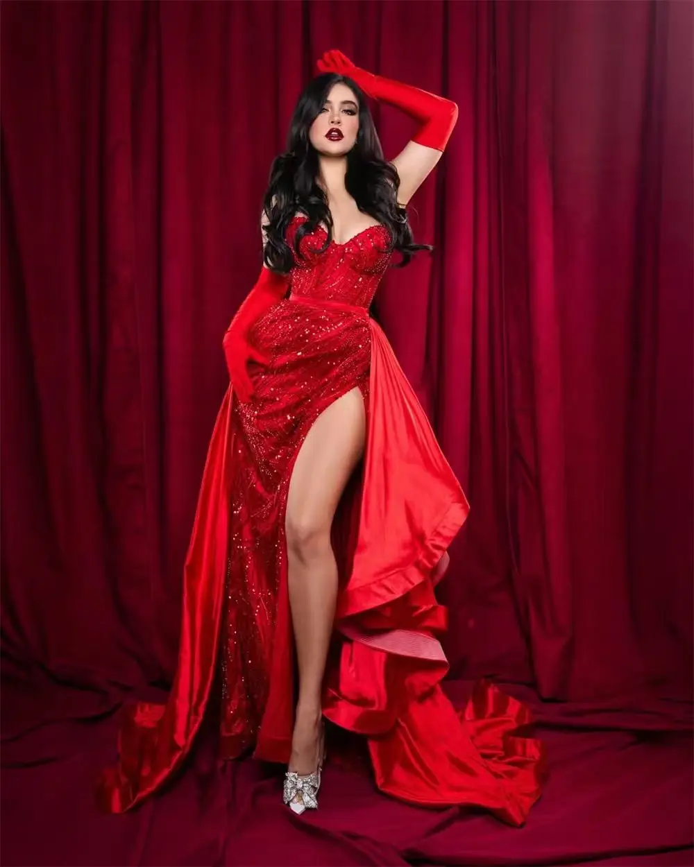 Vestidos de fiesta rojos 2025 Sweetheart Side High Split Mantón desmontable Sirena Lentejuelas Tren Vestidos de fiesta de boda personalizados