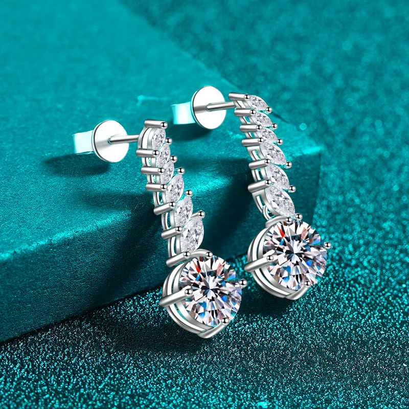 Platinum Celebrity-Style Fringe Marquee-Cut Moissanite Stud Earrings