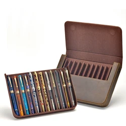 12 Slots Fountain Pen Leather Case Pencil Case Handmade Genuine Leather Pencil Bag Stationery Black, Coffee and Vintage Color,