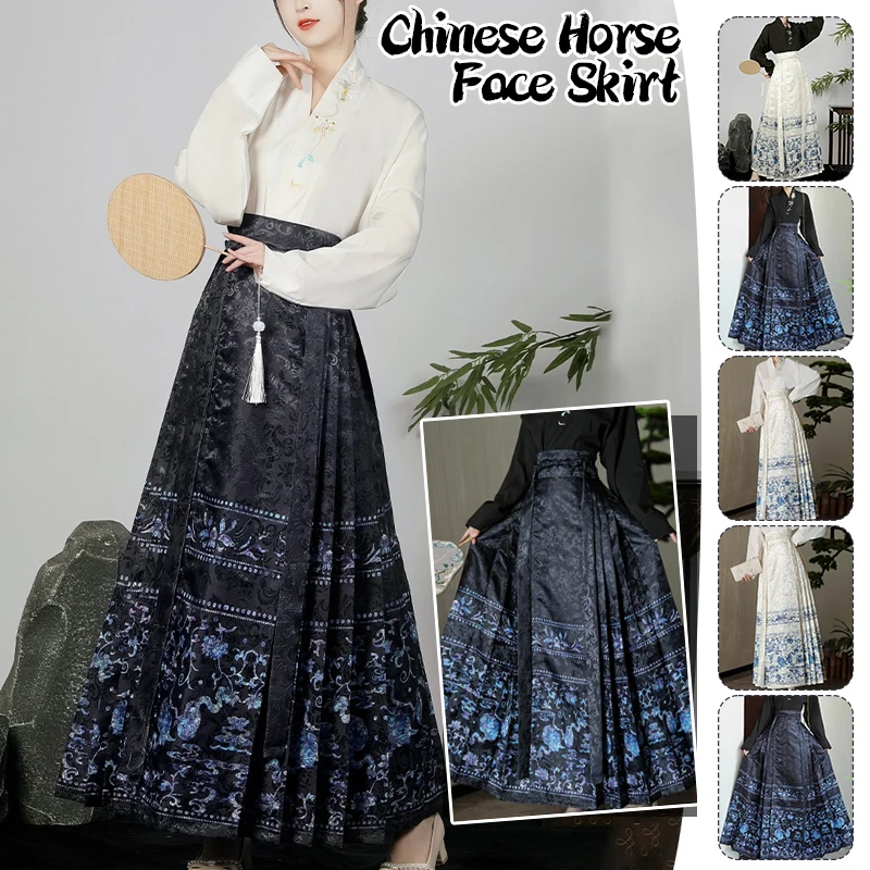 Frauen Ming-Dynastie Stickerei Halb Rock Vintage Hanfu Kleidung Rock Chinesischen Traditionellen Stil Pferd Gesicht Faltenröcke