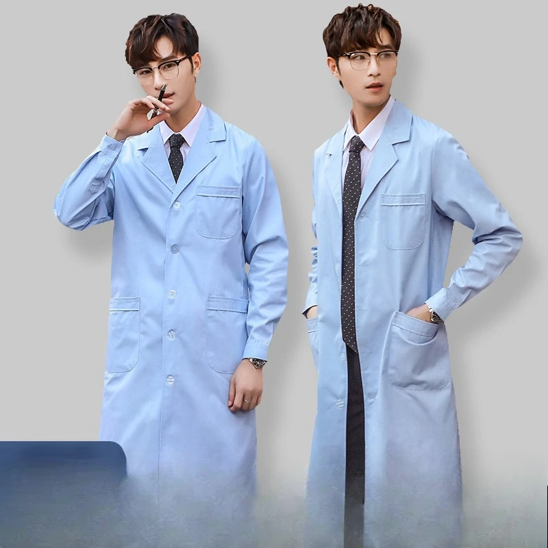 

Men's Blue Long Sleeve Lab Coat Doctor Uniform Thickened Long Length Workwear for Lab Nurse