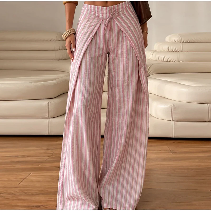 Casual Striped Women's Trouser Lace-Up Adjust Belt High Waist Wide Leg Pants 2026 Summer Autumn Fashion Female Street Trousers
