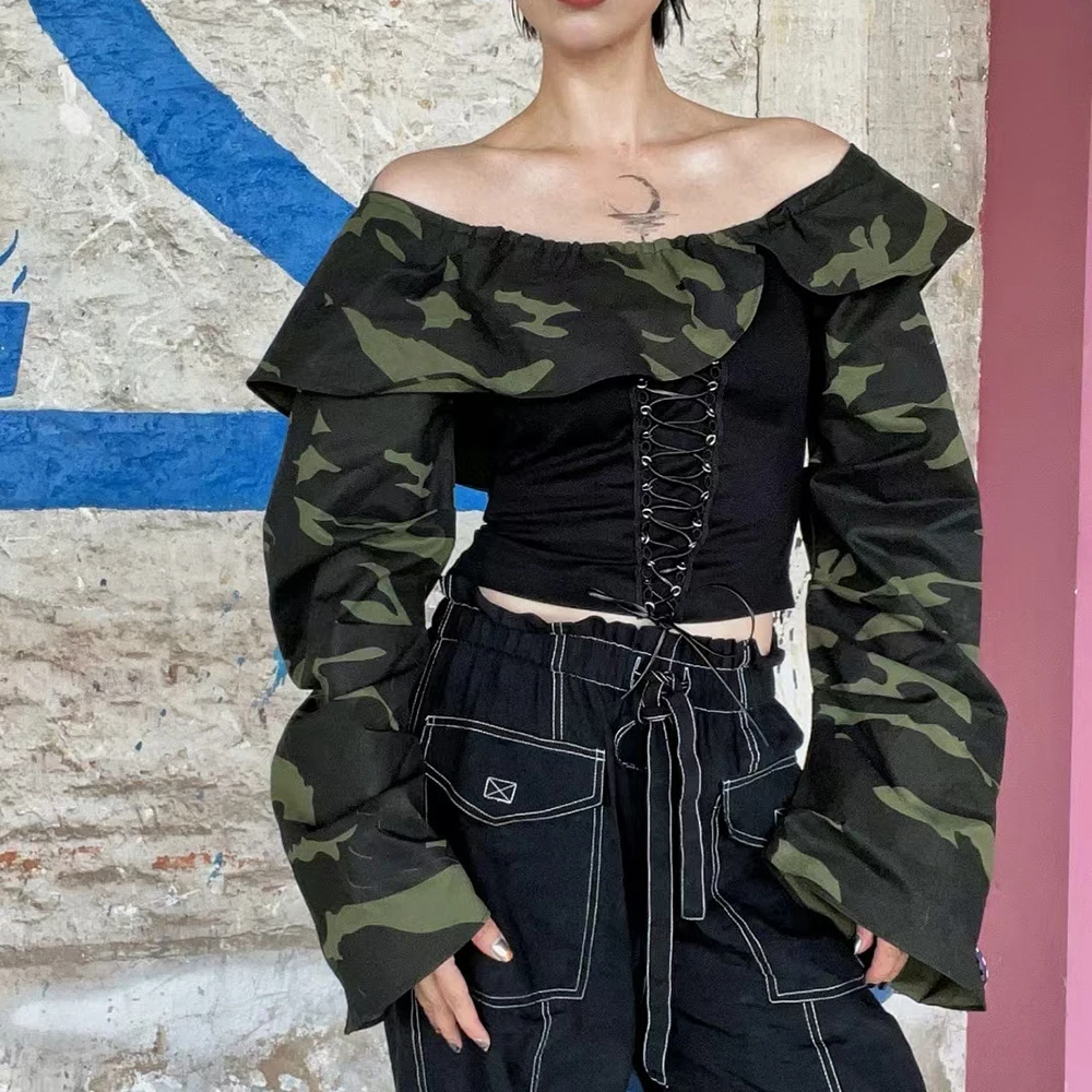 TWOTWINSTYLE Camouflage Chic Shirt For Women Slash Neck Long Sleeve Patchwork Drawstring High Street Blouse Female Fashion Style