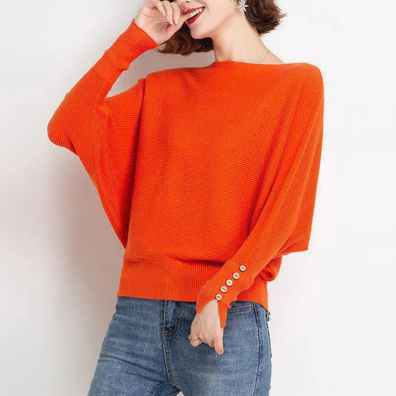 Spring Autumn New Fashion Casual Solid Loose Bat Long Sleeve Knitwear Korean Chic Buttons Basic All Match Knitted Sweater Jumper